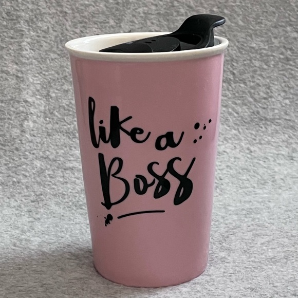 CLAY ART Other - Clay Art  Travel Tumbler Mug Like A Boss Pink White 9 Oz Latte Ceramic with Lid